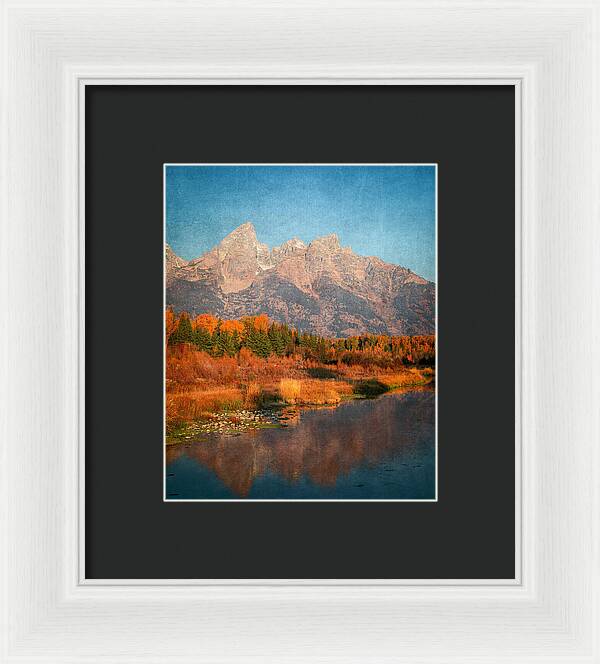 Textured Reflection Grand Tetons In Fall - Framed Print