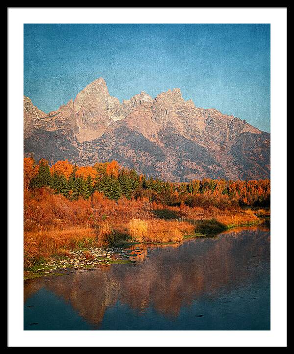 Textured Reflection Grand Tetons In Fall - Framed Print