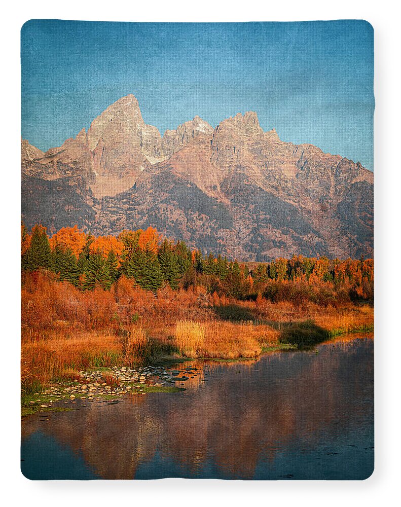 Textured Reflection Grand Tetons In Fall - Blanket