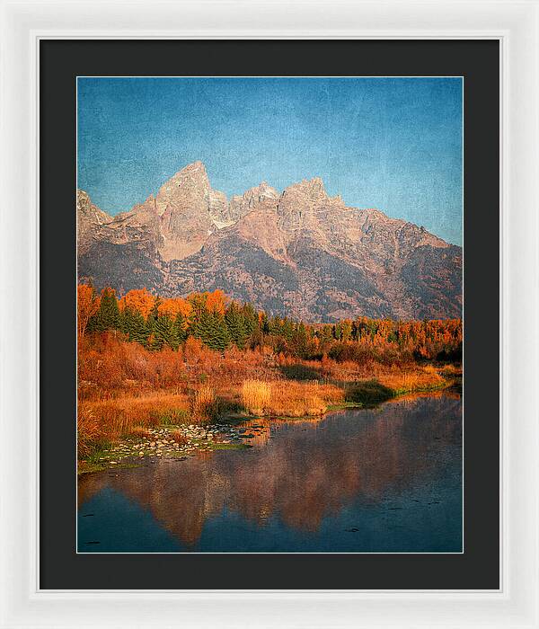 Textured Reflection Grand Tetons In Fall - Framed Print