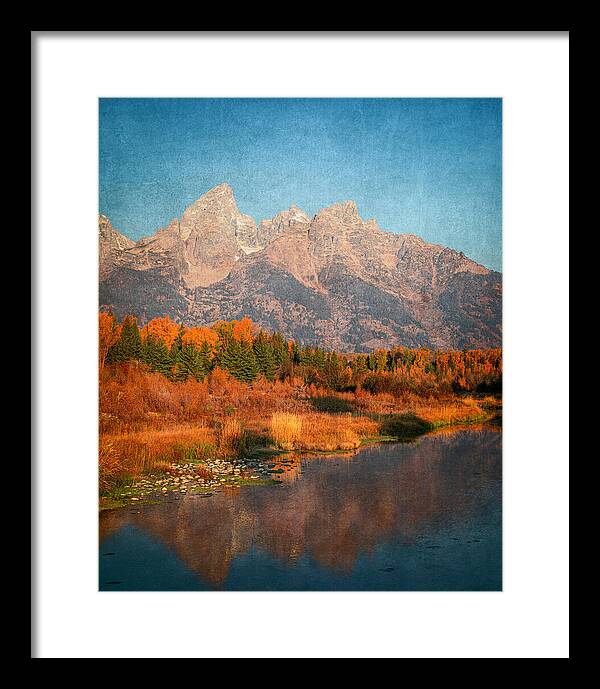 Textured Reflection Grand Tetons In Fall - Framed Print