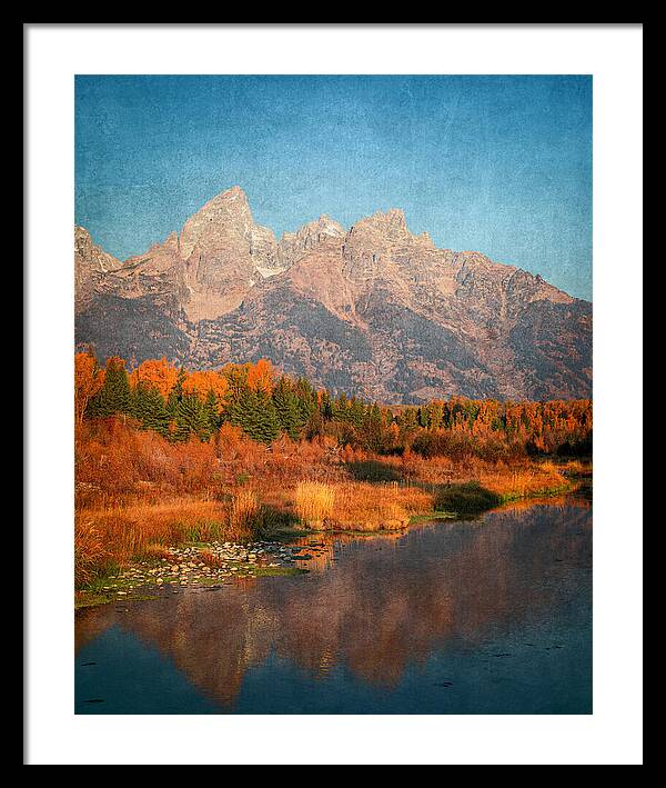 Textured Reflection Grand Tetons In Fall - Framed Print