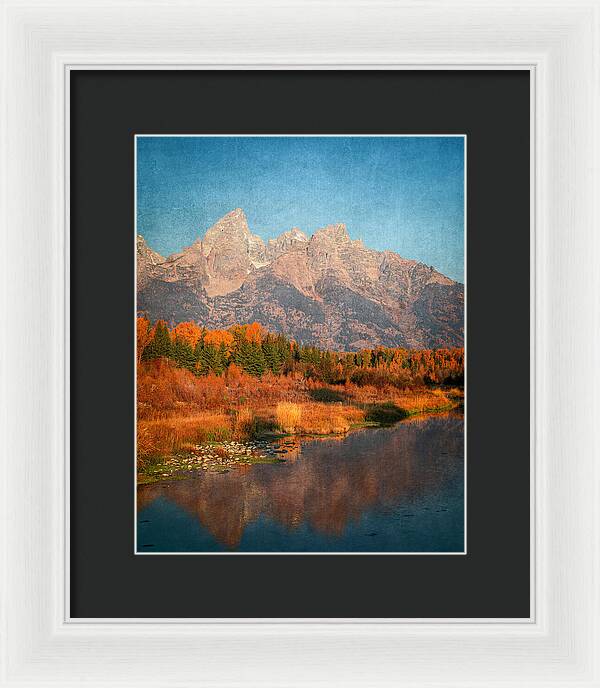 Textured Reflection Grand Tetons In Fall - Framed Print