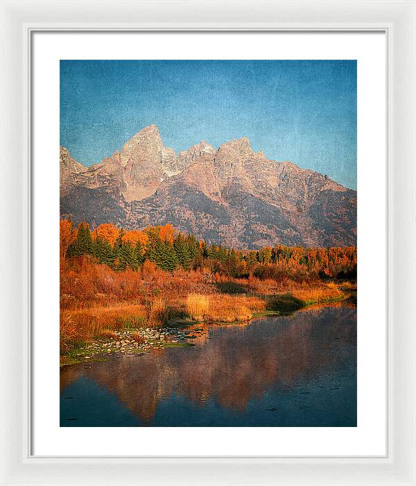 Textured Reflection Grand Tetons In Fall - Framed Print