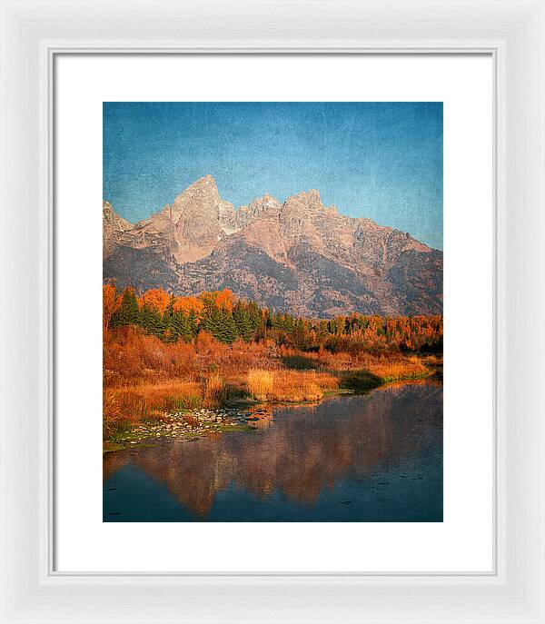 Textured Reflection Grand Tetons In Fall - Framed Print