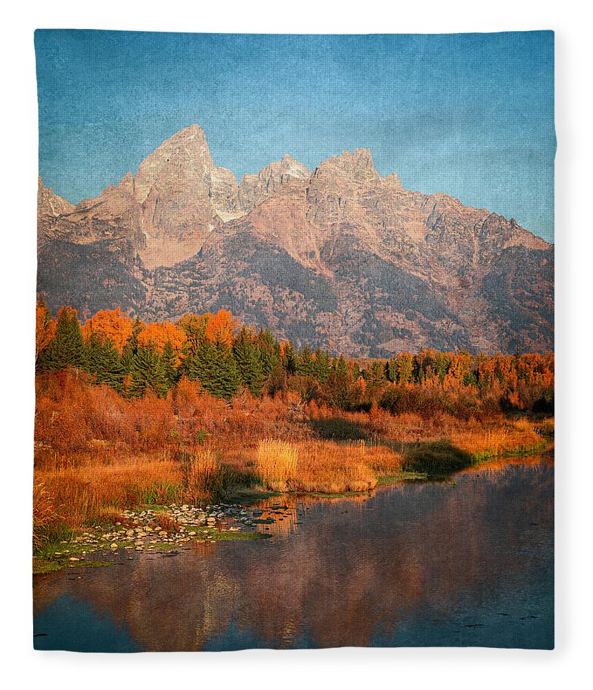 Textured Reflection Grand Tetons In Fall - Blanket