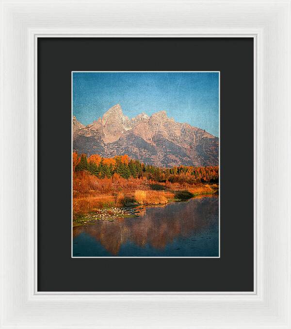 Textured Reflection Grand Tetons In Fall - Framed Print