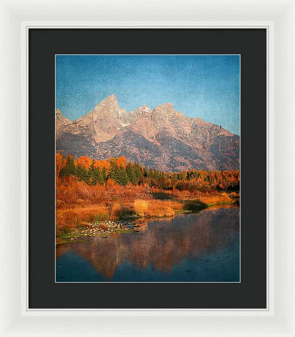 Textured Reflection Grand Tetons In Fall - Framed Print