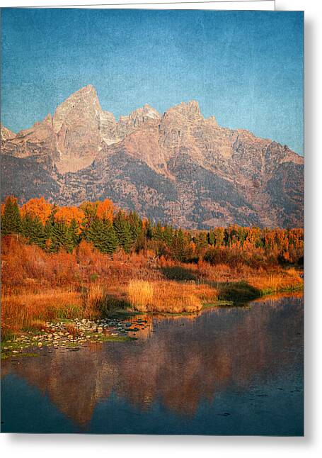 Textured Reflection Grand Tetons In Fall - Greeting Card