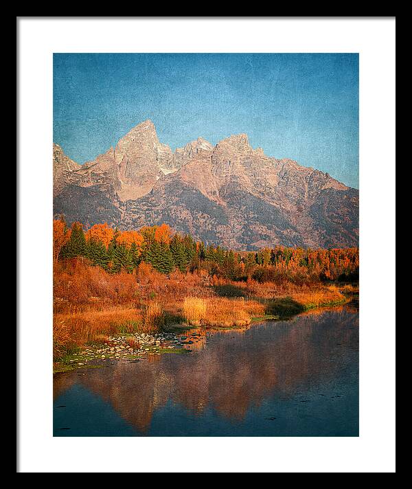 Textured Reflection Grand Tetons In Fall - Framed Print