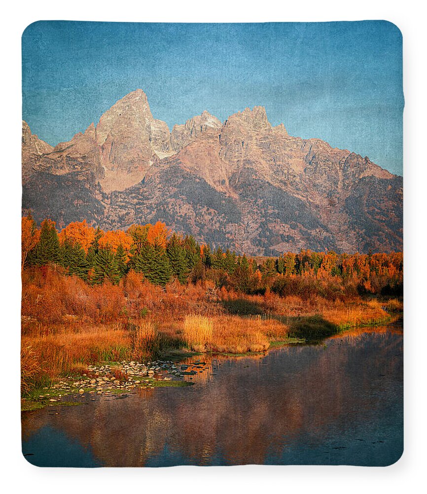 Textured Reflection Grand Tetons In Fall - Blanket