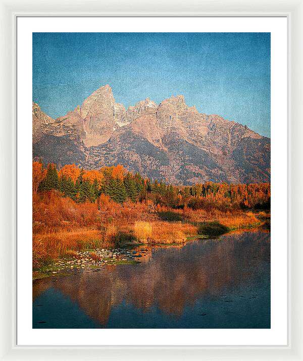 Textured Reflection Grand Tetons In Fall - Framed Print