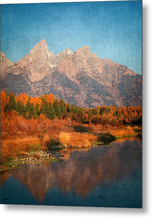 Textured Reflection Grand Tetons In Fall - Metal Print