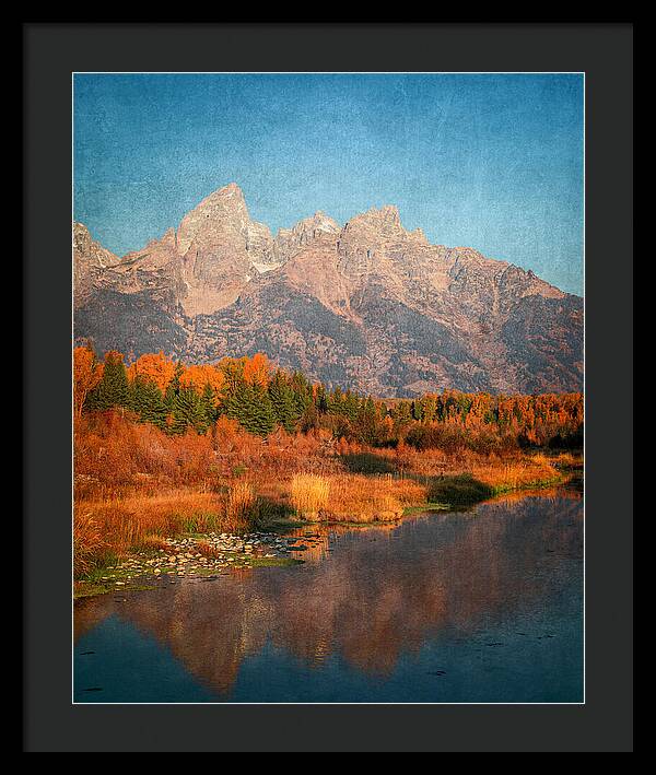 Textured Reflection Grand Tetons In Fall - Framed Print