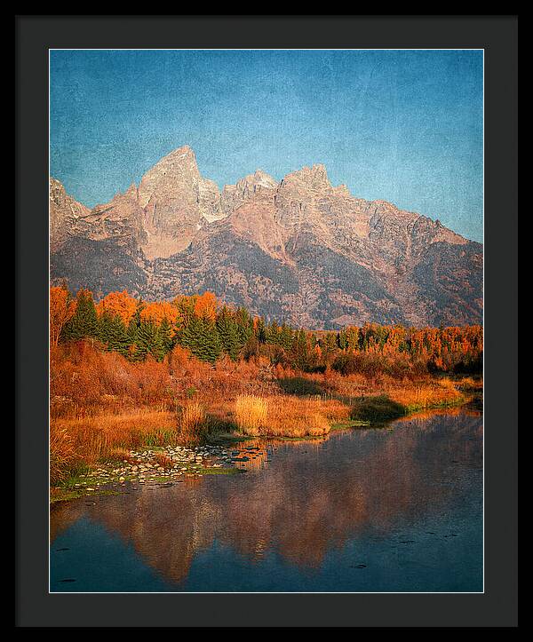 Textured Reflection Grand Tetons In Fall - Framed Print