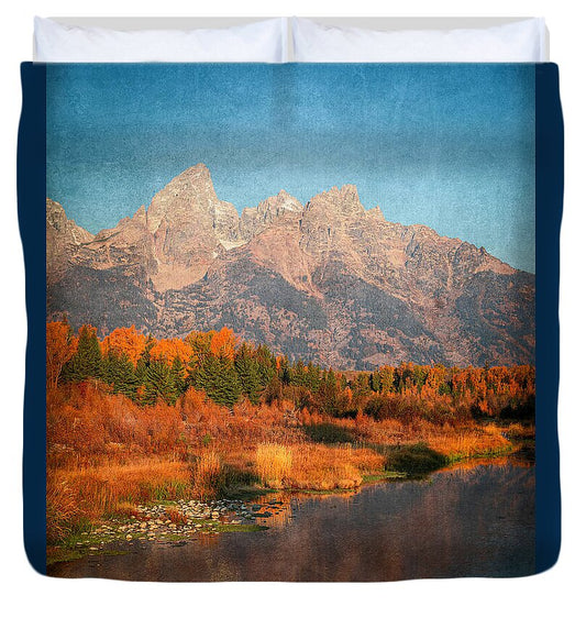 Textured Reflection Grand Tetons In Fall - Duvet Cover