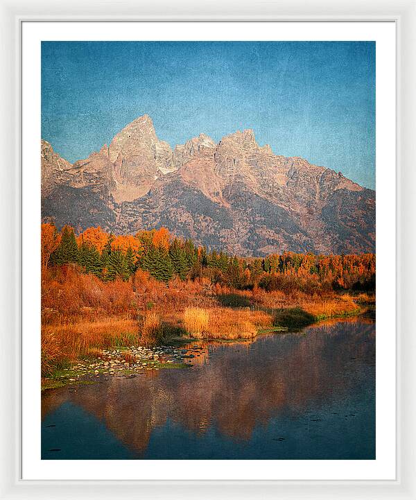 Textured Reflection Grand Tetons In Fall - Framed Print