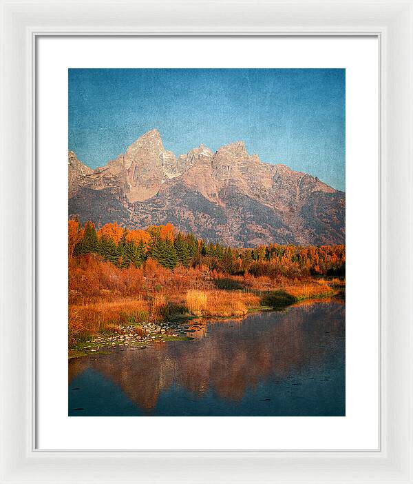 Textured Reflection Grand Tetons In Fall - Framed Print