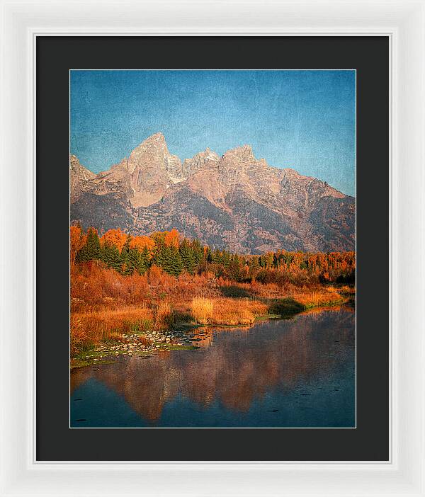 Textured Reflection Grand Tetons In Fall - Framed Print