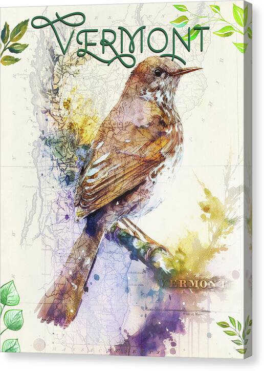 Vermont State Bird And Map - Canvas Print