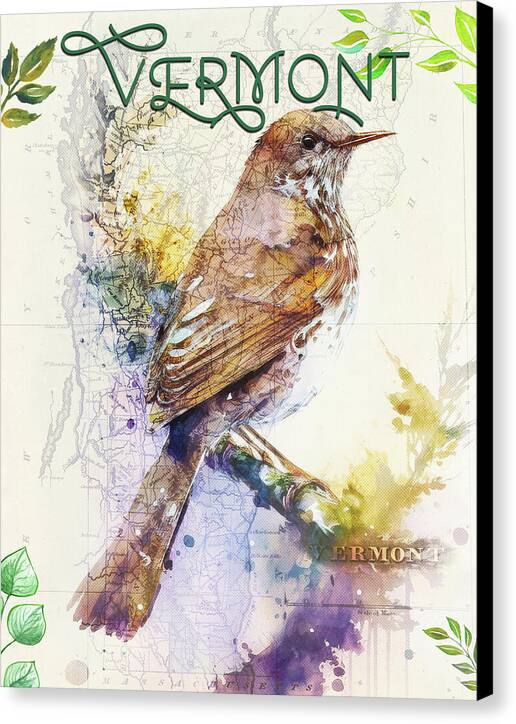 Vermont State Bird And Map - Canvas Print