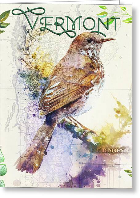 Vermont State Bird And Map - Greeting Card