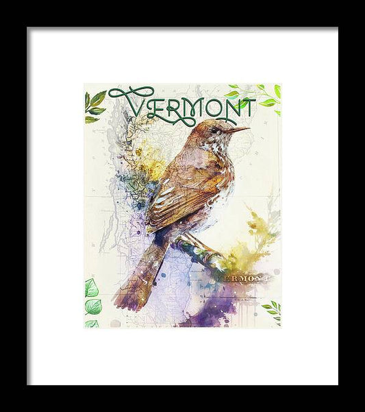 Vermont State Bird And Map - Framed Print