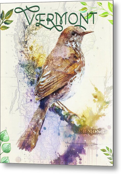 Vermont State Bird And Map - Metal Print