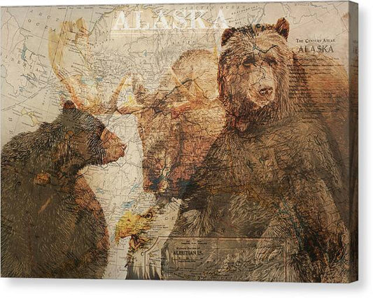 Vintage Alaska Map And Wildlife - Canvas Print