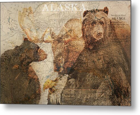 Vintage Alaska Map And Wildlife - Metal Print