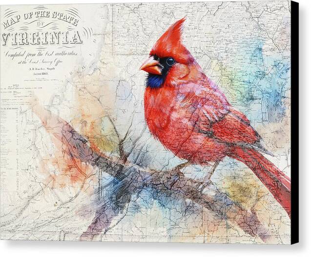 Virginia State Map And Cardinal Bird - Canvas Print