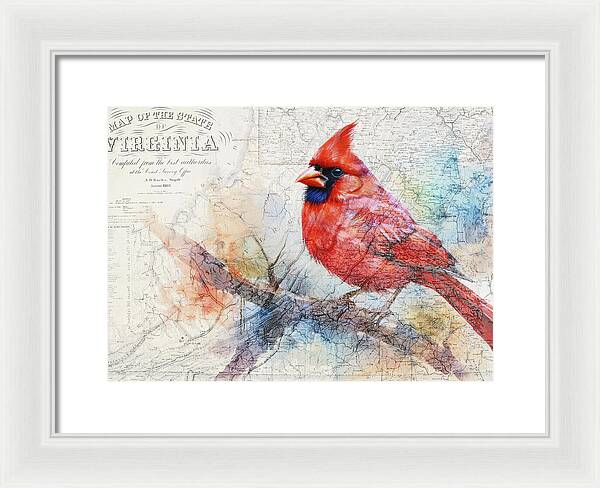 Virginia State Map And Cardinal Bird - Framed Print