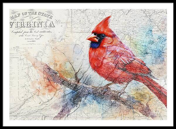 Virginia State Map And Cardinal Bird - Framed Print