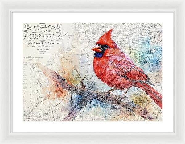 Virginia State Map And Cardinal Bird - Framed Print