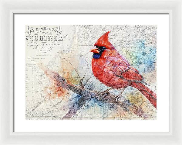 Virginia State Map And Cardinal Bird - Framed Print