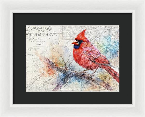 Virginia State Map And Cardinal Bird - Framed Print