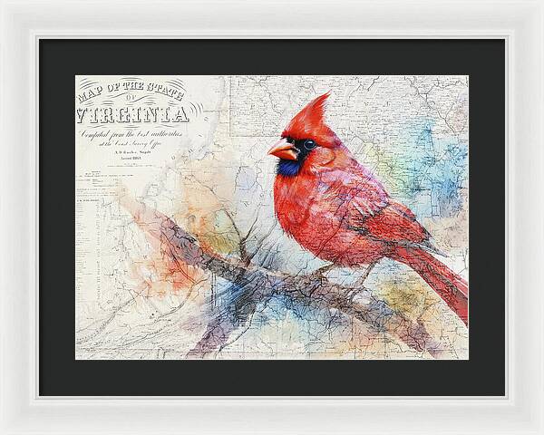 Virginia State Map And Cardinal Bird - Framed Print