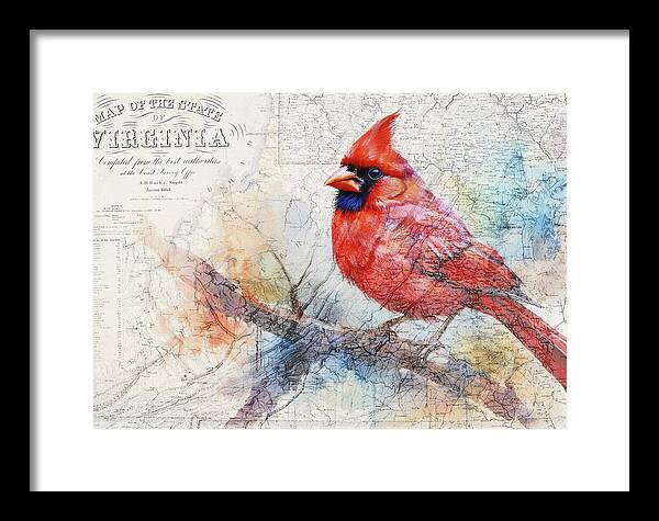 Virginia State Map And Cardinal Bird - Framed Print