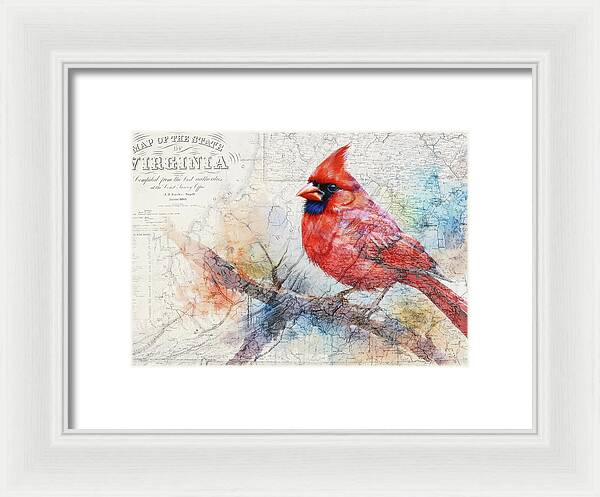 Virginia State Map And Cardinal Bird - Framed Print