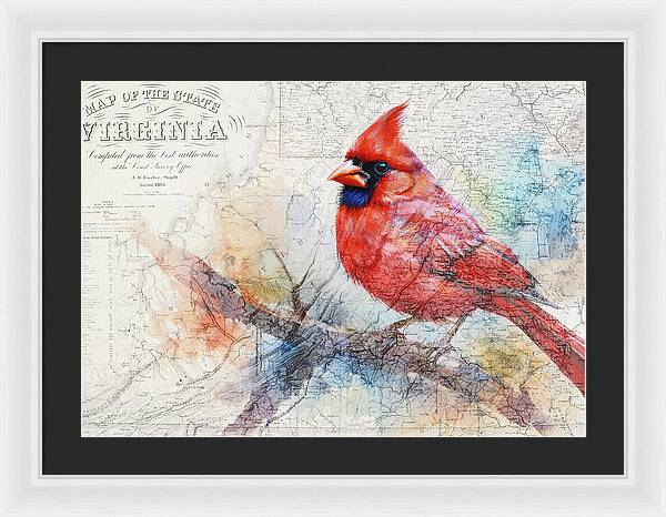 Virginia State Map And Cardinal Bird - Framed Print