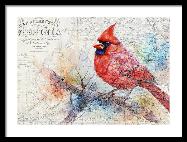 Virginia State Map And Cardinal Bird - Framed Print