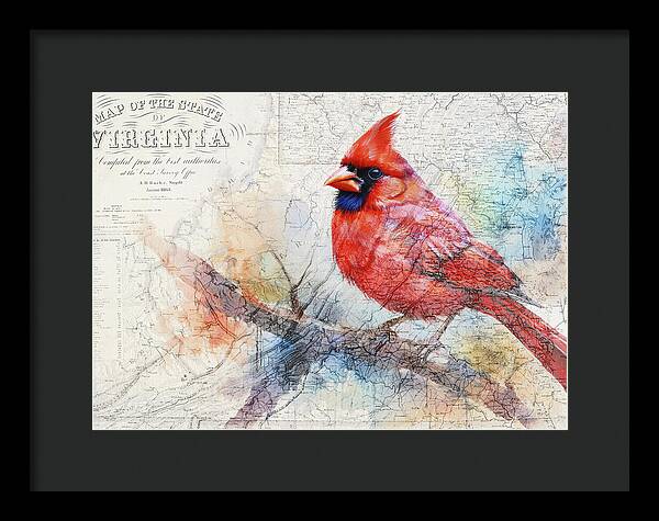 Virginia State Map And Cardinal Bird - Framed Print