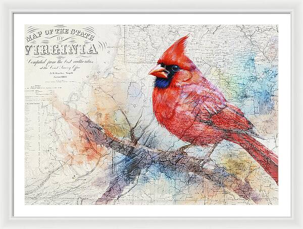 Virginia State Map And Cardinal Bird - Framed Print