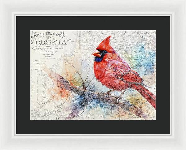 Virginia State Map And Cardinal Bird - Framed Print