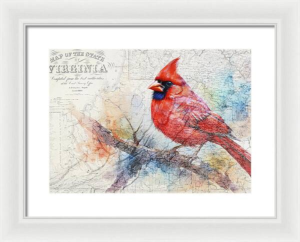 Virginia State Map And Cardinal Bird - Framed Print