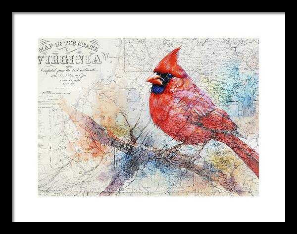 Virginia State Map And Cardinal Bird - Framed Print