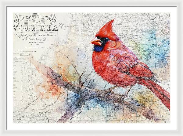 Virginia State Map And Cardinal Bird - Framed Print