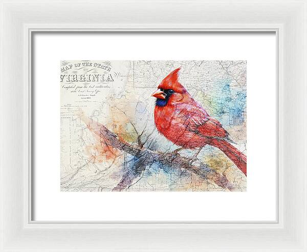 Virginia State Map And Cardinal Bird - Framed Print