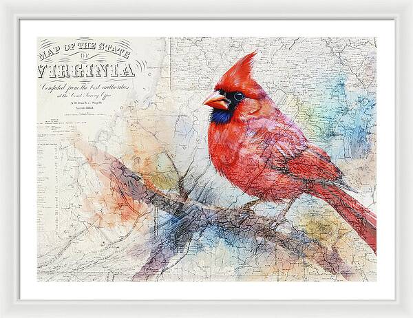 Virginia State Map And Cardinal Bird - Framed Print