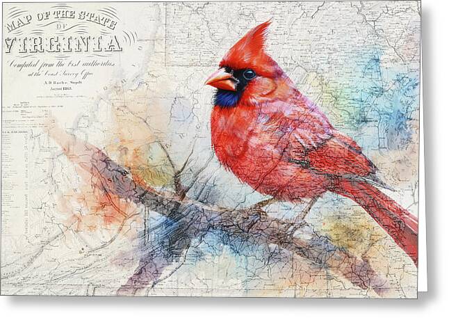 Virginia State Map And Cardinal Bird - Greeting Card